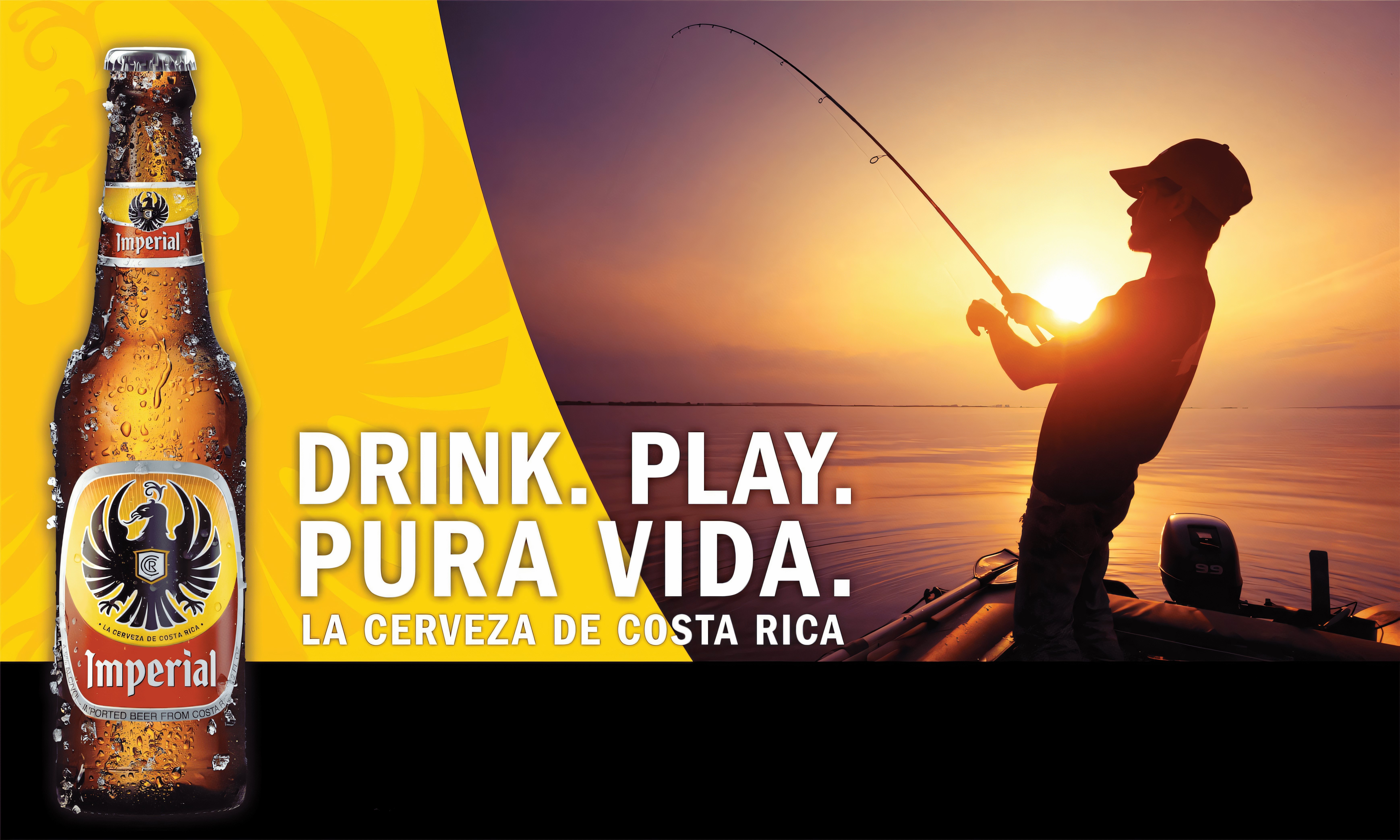A man fishing and a bottle of Imperial. Drink. Play. Pura Vida. La cerveza de Costa Rica